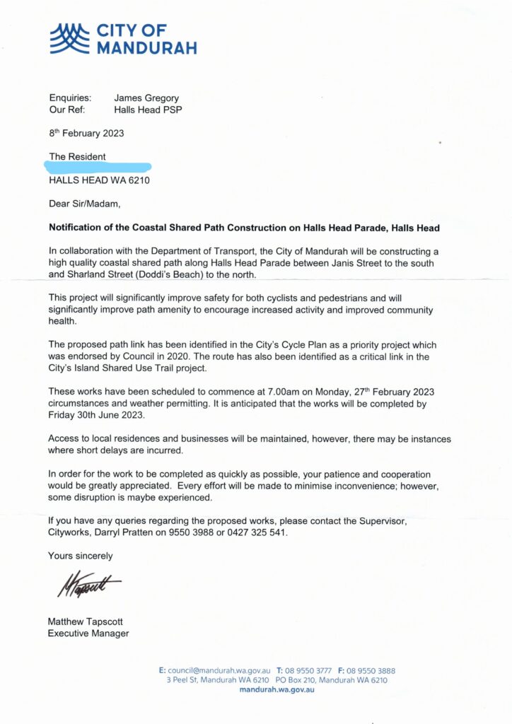 City of Mandurah Letter regarding Coastal Shared Path Construction on Halls Head Parade