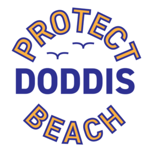 Logo design in yellow and marine blue with two seagull icons and the words Protect Doddis Beach
