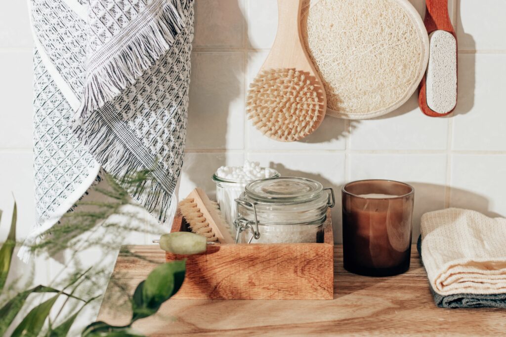 bathroom items on wooden bench